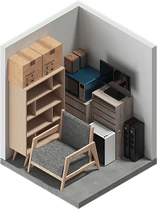 Isometric cutaway of a 1.5m by 1.5m self-storage unit with boxes, chairs and shelving