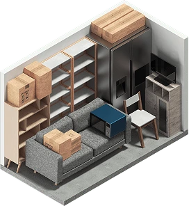 Isometric cutaway of a 1.5m by 3m self-storage unit with bikes, boxes and shelving