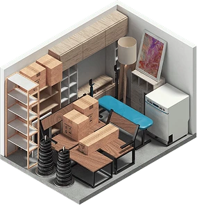 Isometric cutaway of a 2m by 3m self-storage unit filled with household contents