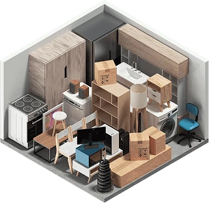 Isometric cutaway of a 3m by 3m self-storage unit packed with household furniture and boxes