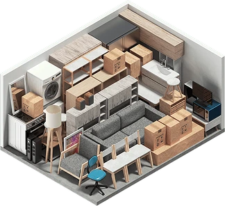 Isometric cutaway of a 3m by 4m self-storage unit filled with household items