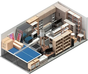 Isometric cutaway of a 3m by 6m self-storage unit packed with the contents of a family home