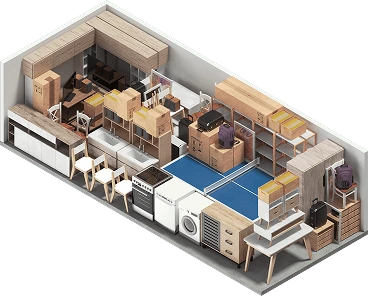 Isometric cutaway of a 3m by 7.5m self-storage unit suitable for a large family home
