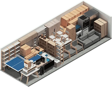 Isometric cutaway of a 3m by 9m self-storage unit suitable for a large home or business